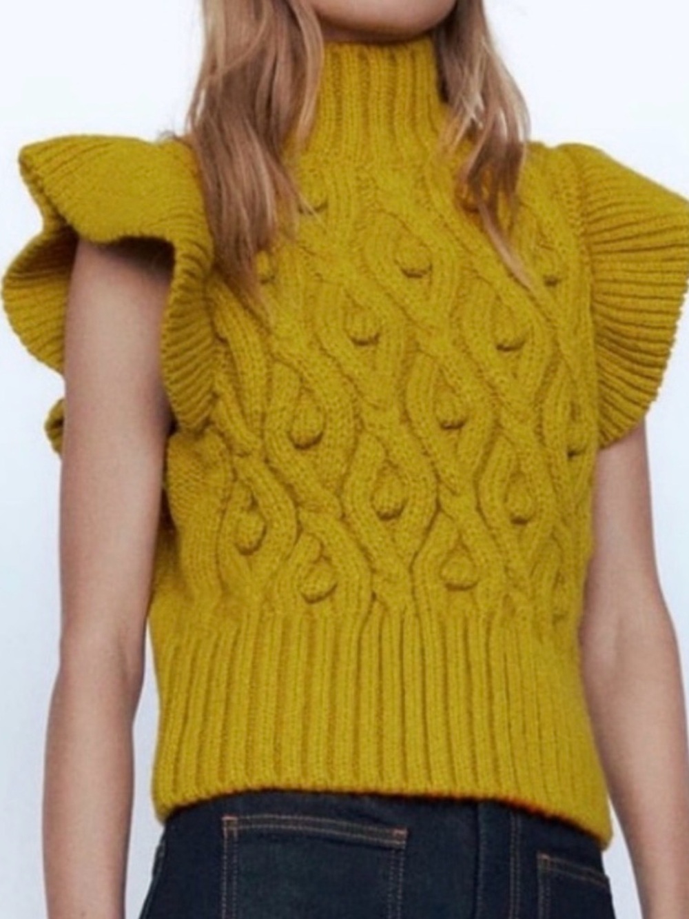 ZARA Cable-Knit Flutter-Sleeve Turtleneck Sweater